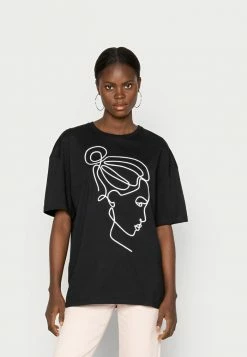 Zign EMBROIDERY LINE FACE TEE - Print T-shirt - Black